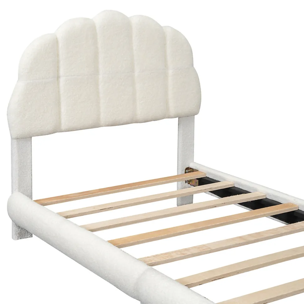 Lit Simple 90x200 cm - Lit Enfant Junior avec Tête de Lit en Peluche - Sans Matelas - Blanc
