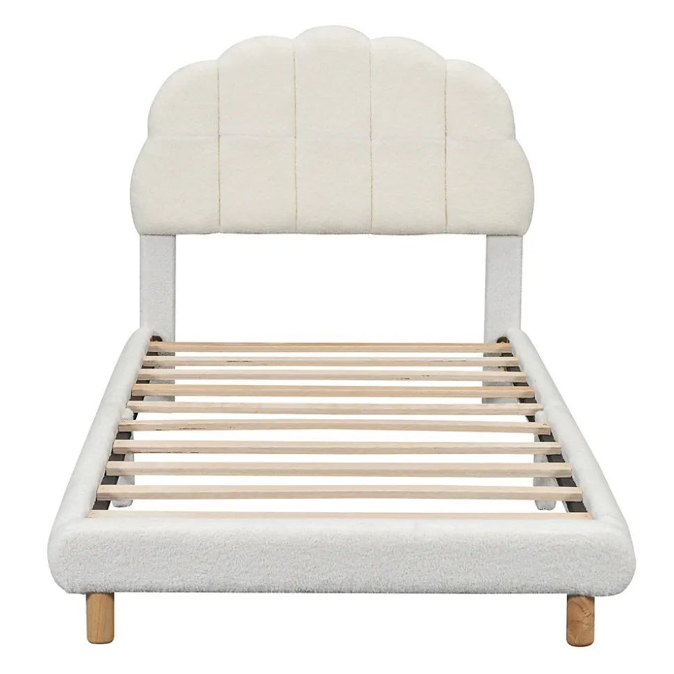 Lit Simple 90x200 cm - Lit Enfant Junior avec Tête de Lit en Peluche - Sans Matelas - Blanc