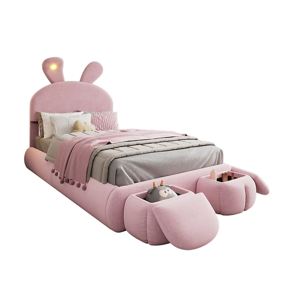 Lit Simple 90x200 cm - Lit enfant Rembourré avec Oreilles de Lapin et 2 Tabourets de Rangement - Velours - Rose