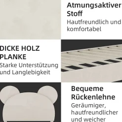 Lit Simple 90x200 cm - Lit Enfant avec Tête Cartoon Capitonnée et Cadre Bas, Velours Beige, sans Matelas