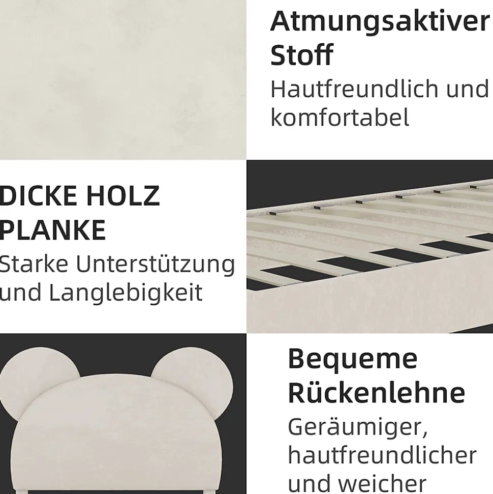 Lit Simple 90x200 cm - Lit Enfant avec Tête Cartoon Capitonnée et Cadre Bas, Velours Beige, sans Matelas