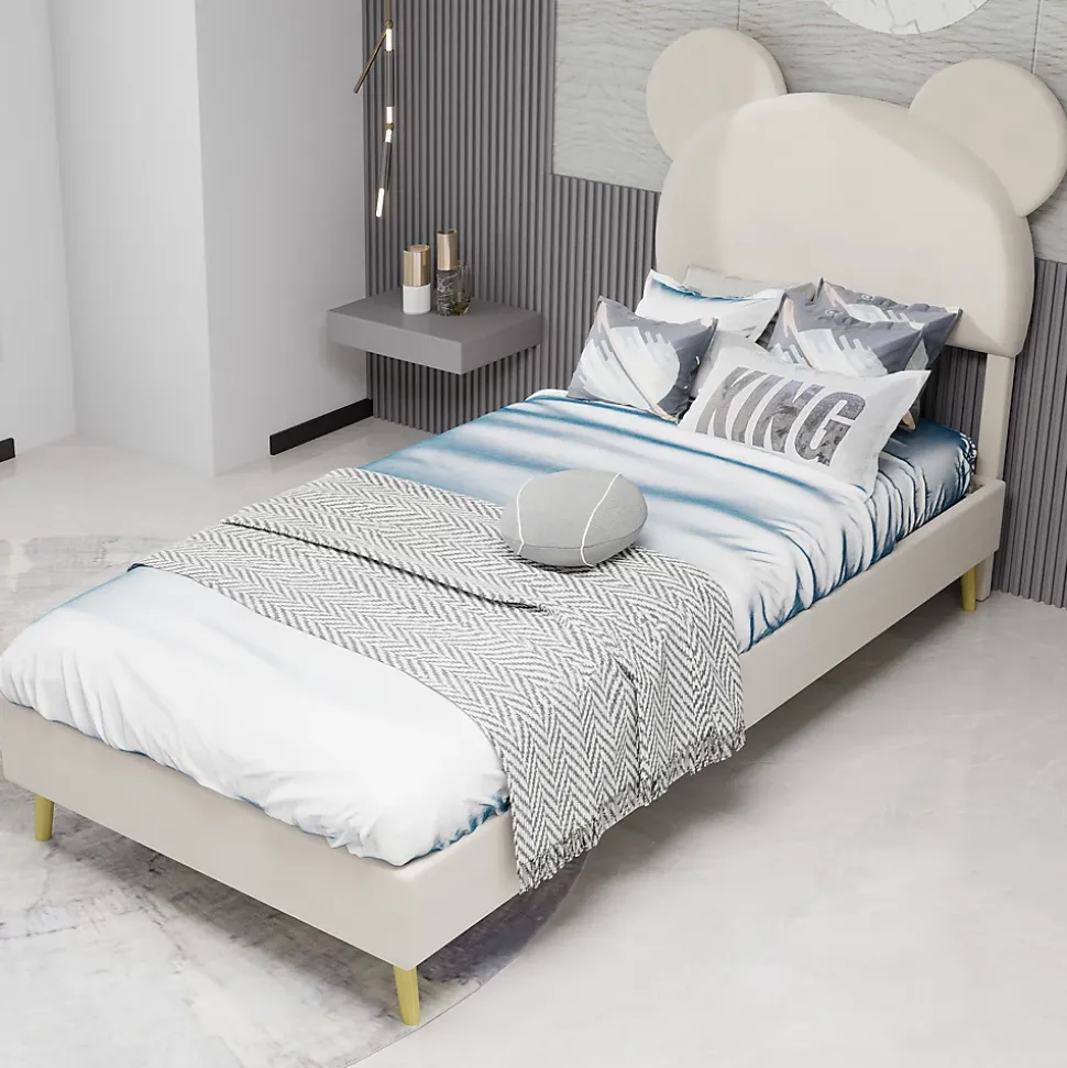Lit Simple 90x200 cm - Lit Enfant avec Tête Cartoon Capitonnée et Cadre Bas, Velours Beige, sans Matelas