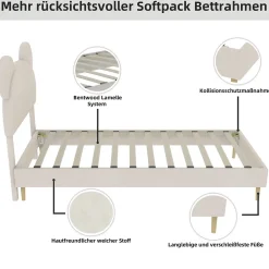 Lit Simple 90x200 cm - Lit Enfant avec Tête Cartoon Capitonnée et Cadre Bas, Velours Beige, sans Matelas