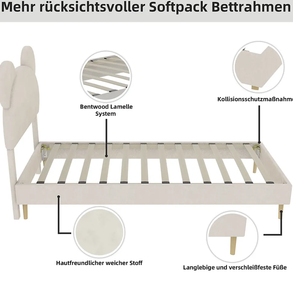 Lit Simple 90x200 cm - Lit Enfant avec Tête Cartoon Capitonnée et Cadre Bas, Velours Beige, sans Matelas