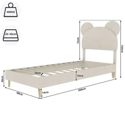 Lit Simple 90x200 cm - Lit Enfant avec Tête Cartoon Capitonnée et Cadre Bas, Velours Beige, sans Matelas