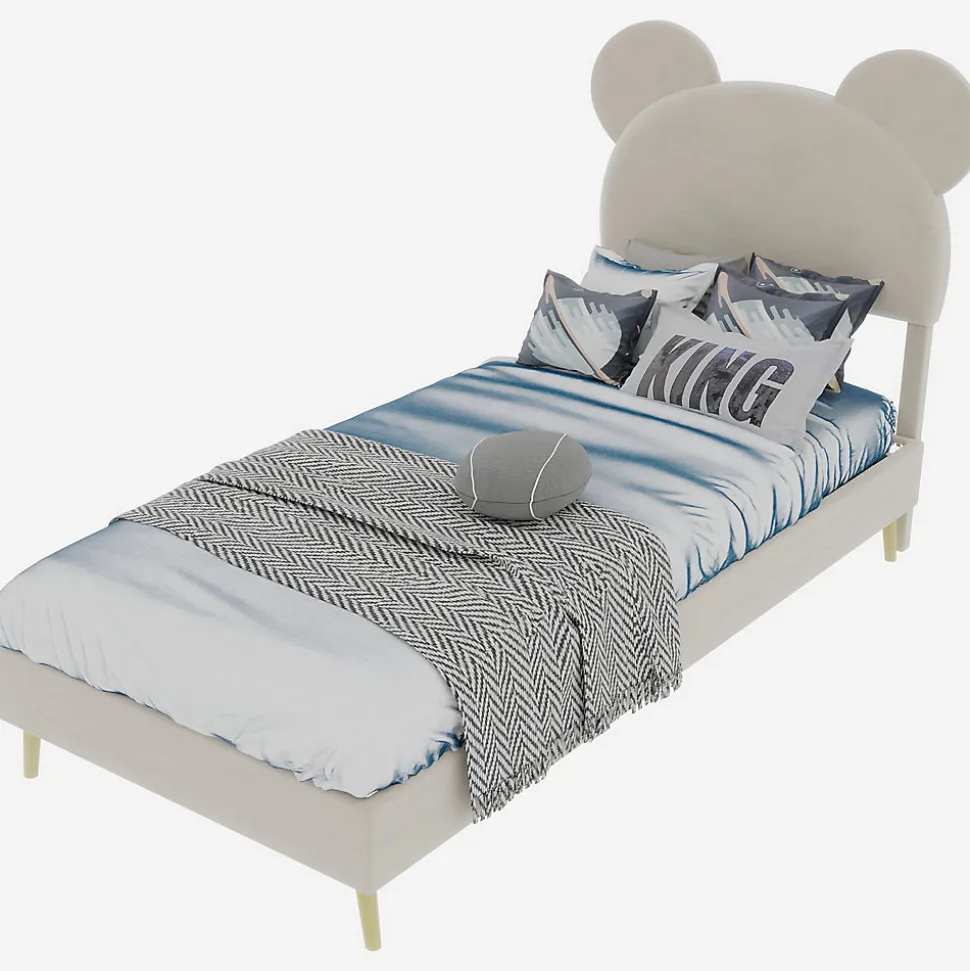 Lit Simple 90x200 cm - Lit Enfant avec Tête Cartoon Capitonnée et Cadre Bas, Velours Beige, sans Matelas
