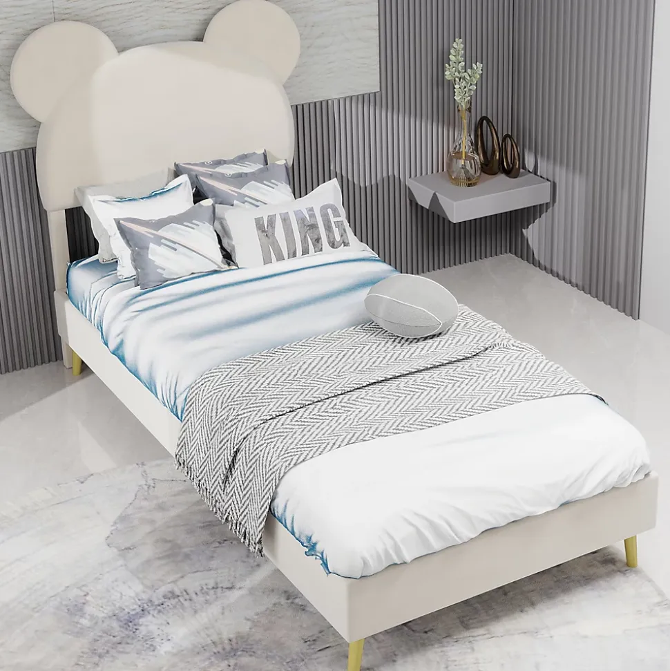 Lit Simple 90x200 cm - Lit Enfant avec Tête Cartoon Capitonnée et Cadre Bas, Velours Beige, sans Matelas