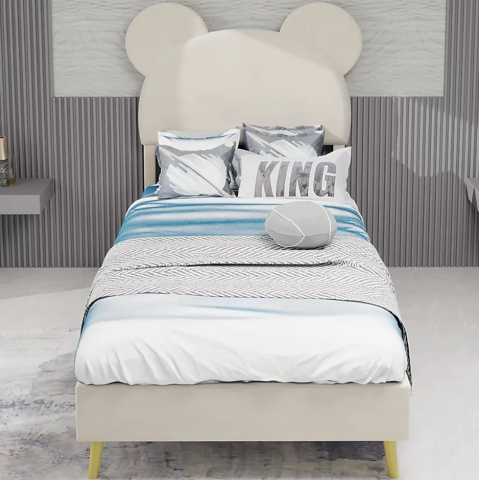 Lit Simple 90x200 cm - Lit Enfant avec Tête Cartoon Capitonnée et Cadre Bas, Velours Beige, sans Matelas