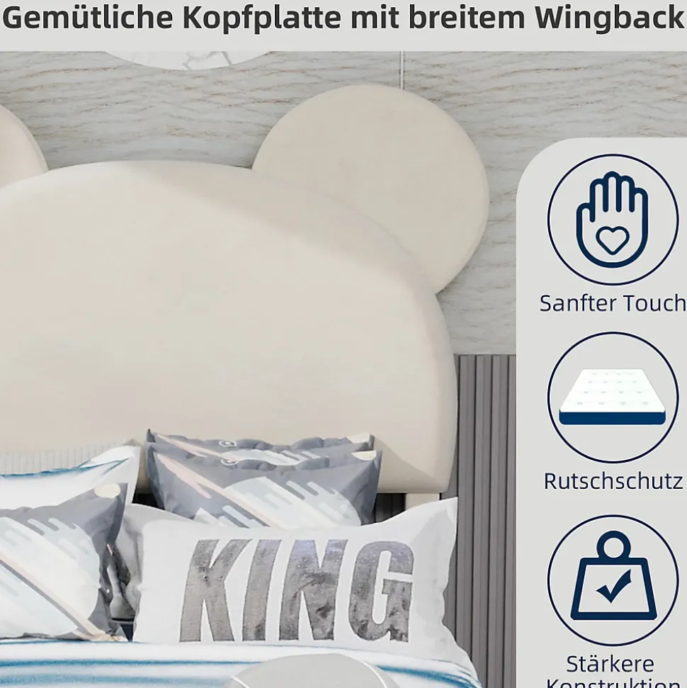 Lit Simple 90x200 cm - Lit Enfant avec Tête Cartoon Capitonnée et Cadre Bas, Velours Beige, sans Matelas