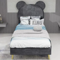 Lit Simple 90x200 cm - Lit Enfant avec Tête Cartoon Capitonnée et Cadre Bas, Velours Gris, sans Matelas