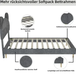 Lit Simple 90x200 cm - Lit Enfant avec Tête Cartoon Capitonnée et Cadre Bas, Velours Gris, sans Matelas