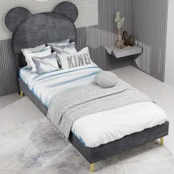 Lit Simple 90x200 cm - Lit Enfant avec Tête Cartoon Capitonnée et Cadre Bas, Velours Gris, sans Matelas