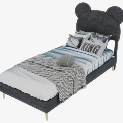 Lit Simple 90x200 cm - Lit Enfant avec Tête Cartoon Capitonnée et Cadre Bas, Velours Gris, sans Matelas