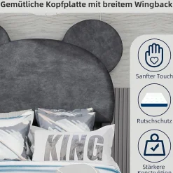 Lit Simple 90x200 cm - Lit Enfant avec Tête Cartoon Capitonnée et Cadre Bas, Velours Gris, sans Matelas