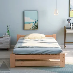 Lit Simple 90x200 cm - Lit Futon Naturel avec Tête de Lit en Bois Massif - Sommier Inclus - Minimaliste Scandinave - Sans Matelas