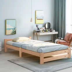 Lit Simple 90x200 cm - Lit Futon Naturel avec Tête de Lit en Bois Massif - Sommier Inclus - Minimaliste Scandinave - Sans Matelas