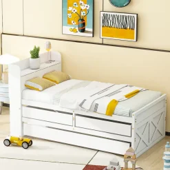 Lit Simple 90x190 cm - Lit Junior avec Tiroirs Coulissants et Table de Chevet avec Étageres, Prise USB - Bois Massif - Blanc