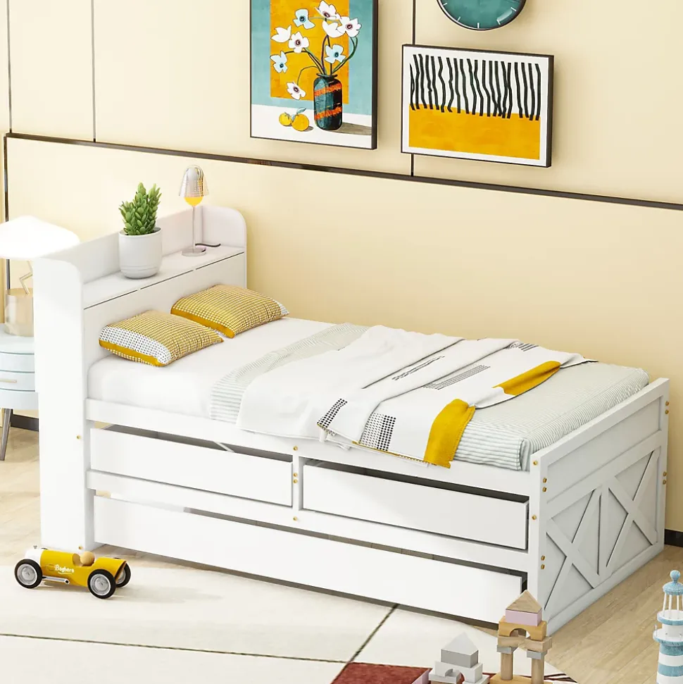 Lit Simple 90x190 cm - Lit Junior avec Tiroirs Coulissants et Table de Chevet avec Étageres, Prise USB - Bois Massif - Blanc