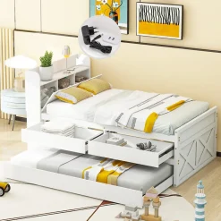 Lit Simple 90x190 cm - Lit Junior avec Tiroirs Coulissants et Table de Chevet avec Étageres, Prise USB - Bois Massif - Blanc