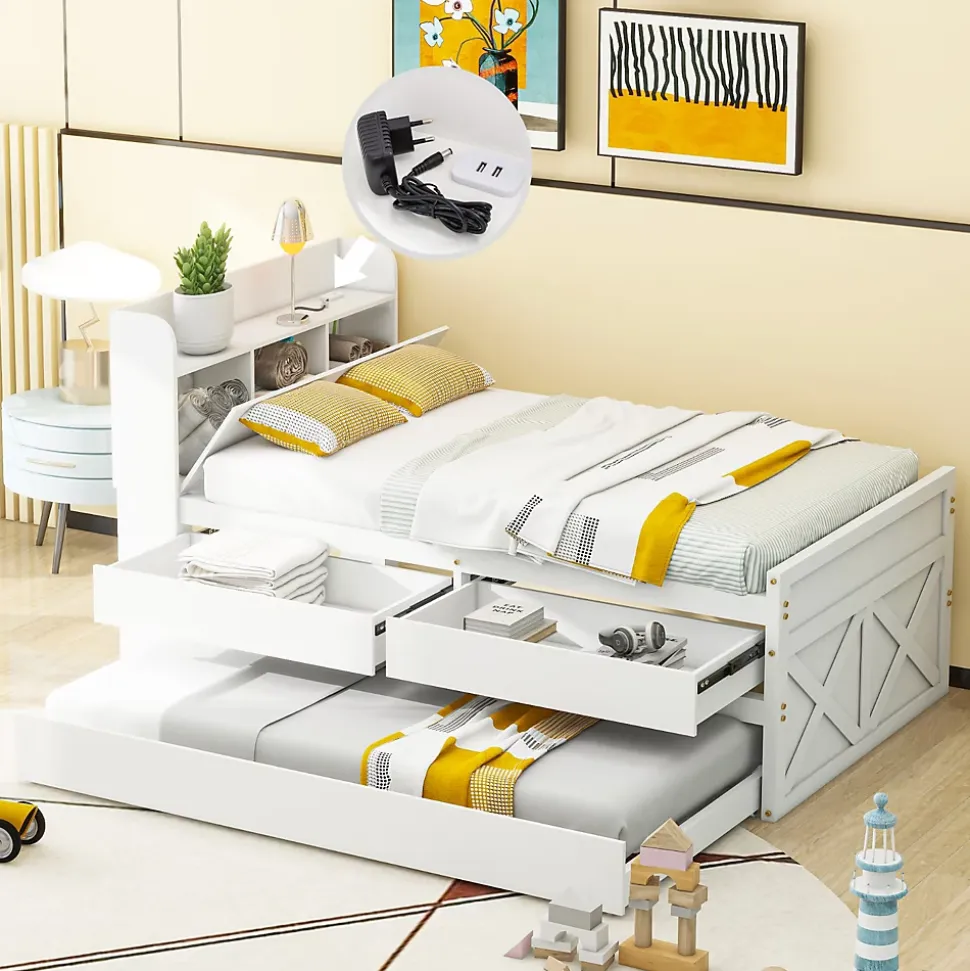 Lit Simple 90x190 cm - Lit Junior avec Tiroirs Coulissants et Table de Chevet avec Étageres, Prise USB - Bois Massif - Blanc