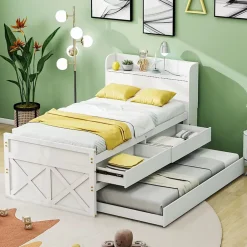 Lit Simple 90x190 cm - Lit Junior avec Tiroirs Coulissants et Table de Chevet avec Étageres, Prise USB - Bois Massif - Blanc