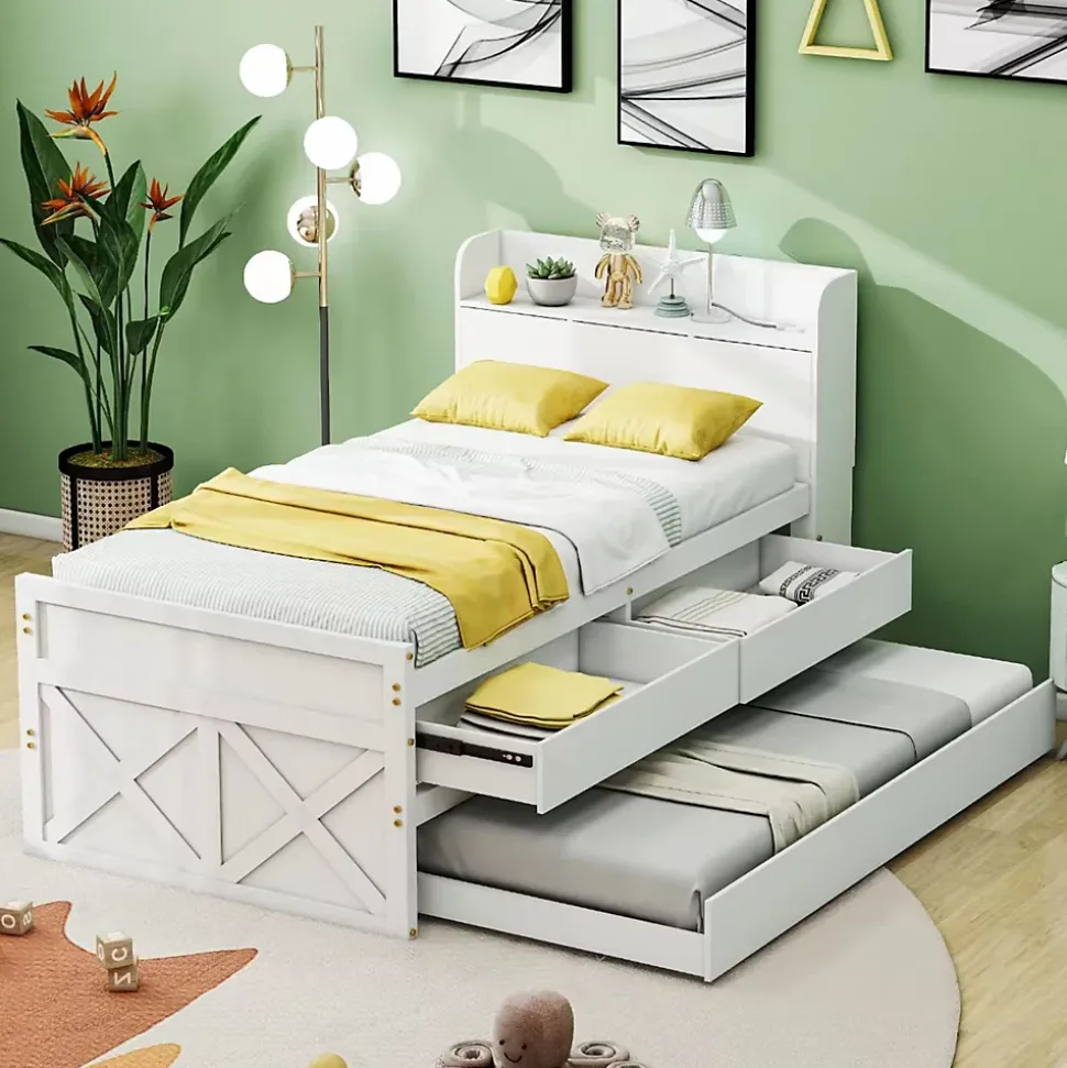 Lit Simple 90x190 cm - Lit Junior avec Tiroirs Coulissants et Table de Chevet avec Étageres, Prise USB - Bois Massif - Blanc