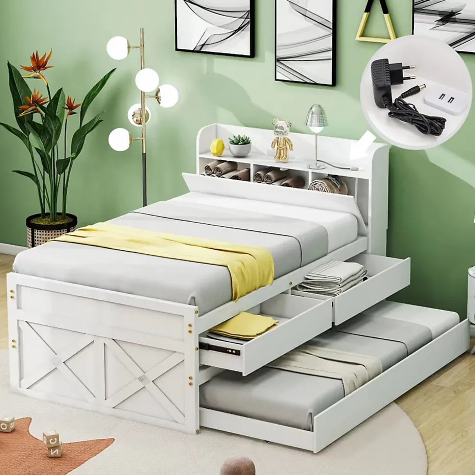 Lit Simple 90x190 cm - Lit Junior avec Tiroirs Coulissants et Table de Chevet avec Étageres, Prise USB - Bois Massif - Blanc