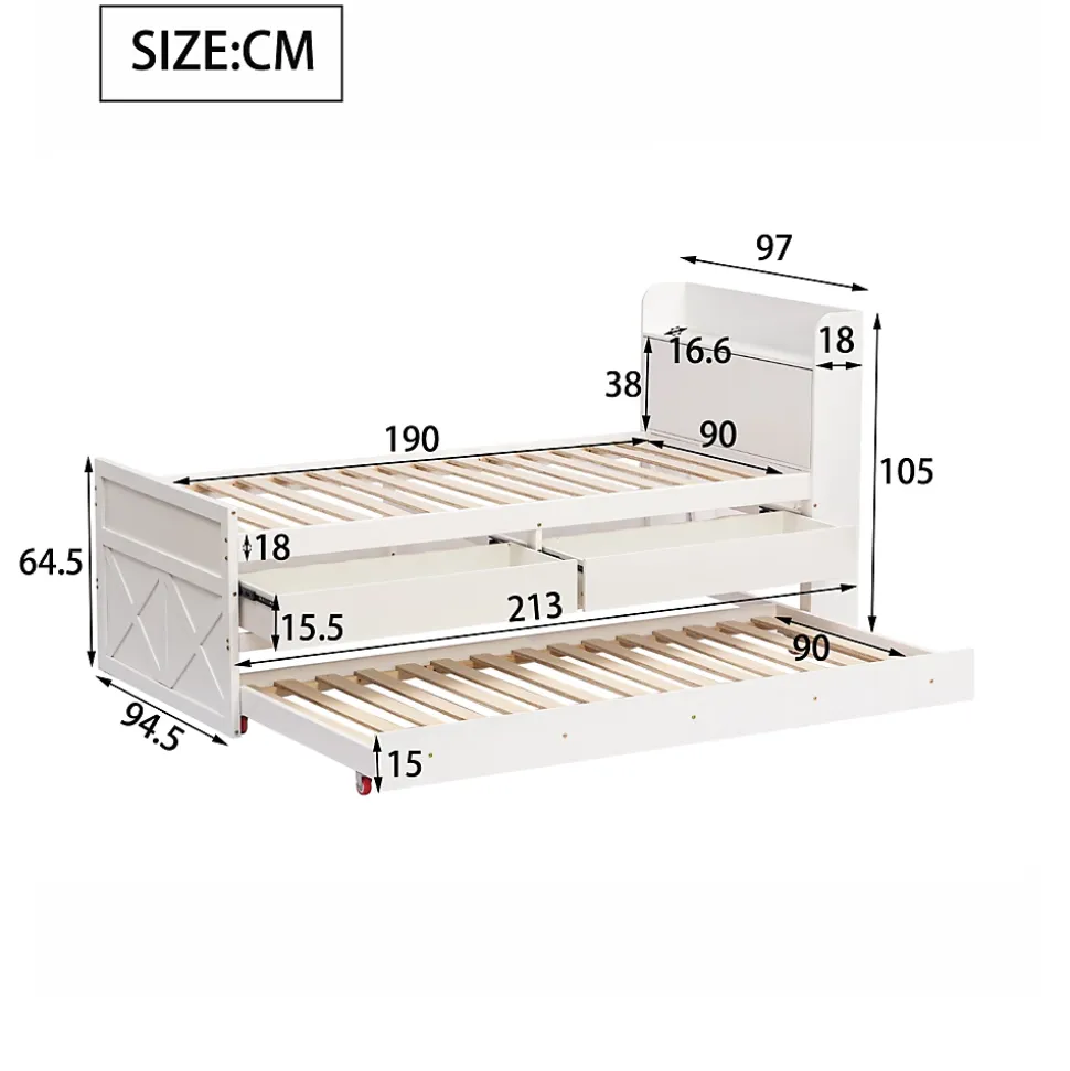 Lit Simple 90x190 cm - Lit Junior avec Tiroirs Coulissants et Table de Chevet avec Étageres, Prise USB - Bois Massif - Blanc