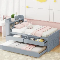 Lit Simple 90x190 cm - Lit Junior avec Tiroir Coulissant et Table de Chevet avec Étageres, Prise USB - Bois Massif - Gris