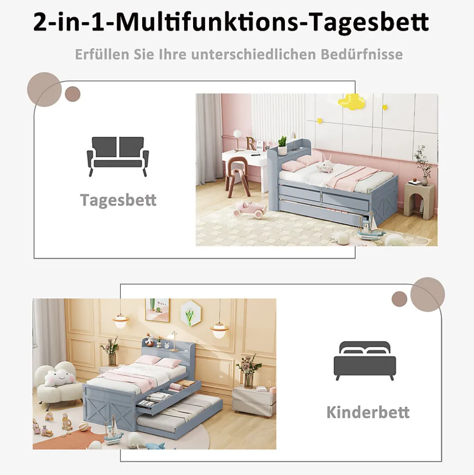 Lit Simple 90x190 cm - Lit Junior avec Tiroir Coulissant et Table de Chevet avec Étageres, Prise USB - Bois Massif - Gris