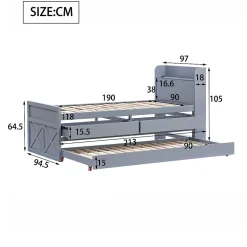 Lit Simple 90x190 cm - Lit Junior avec Tiroir Coulissant et Table de Chevet avec Étageres, Prise USB - Bois Massif - Gris
