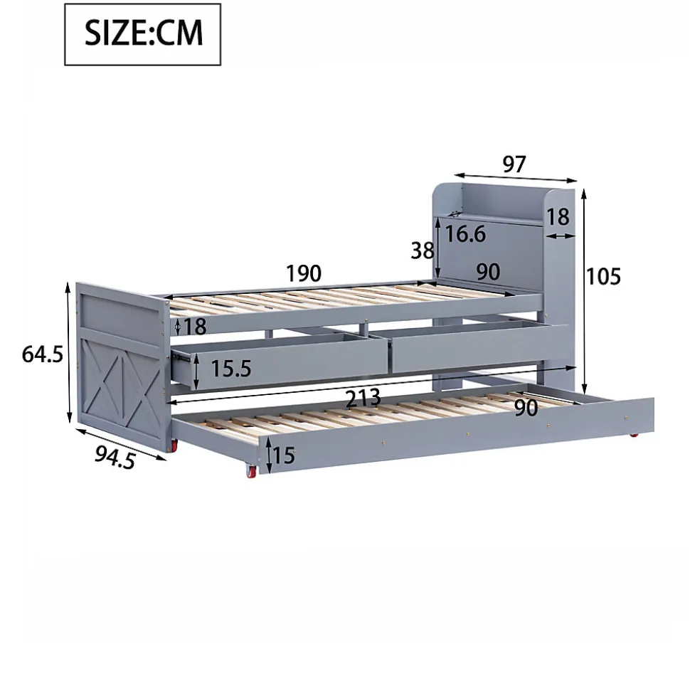 Lit Simple 90x190 cm - Lit Junior avec Tiroir Coulissant et Table de Chevet avec Étageres, Prise USB - Bois Massif - Gris