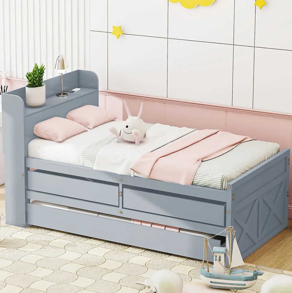 Lit Simple 90x190 cm - Lit Junior avec Tiroir Coulissant et Table de Chevet avec Étageres, Prise USB - Bois Massif - Gris