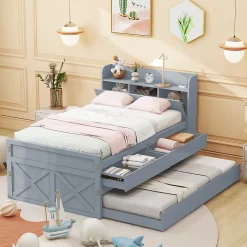 Lit Simple 90x190 cm - Lit Junior avec Tiroir Coulissant et Table de Chevet avec Étageres, Prise USB - Bois Massif - Gris