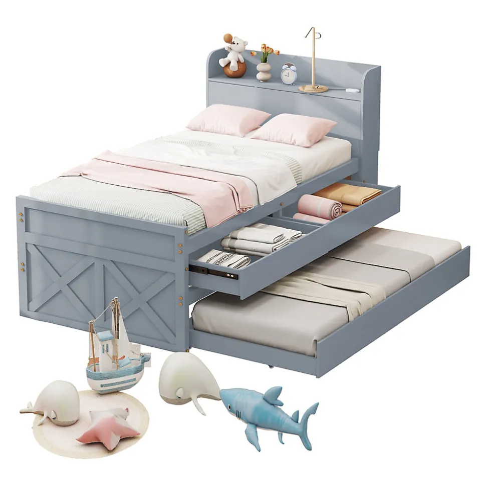 Lit Simple 90x190 cm - Lit Junior avec Tiroir Coulissant et Table de Chevet avec Étageres, Prise USB - Bois Massif - Gris