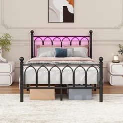 Lit Simple 120x200 cm - Lit Métal Ado Vintage avec LED et Ports USB, Barres Acier Renforcées, Sans Matelas - Métal Noir