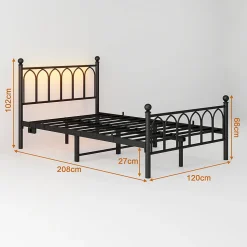 Lit Simple 120x200 cm - Lit Métal Ado Vintage avec LED et Ports USB, Barres Acier Renforcées, Sans Matelas - Métal Noir