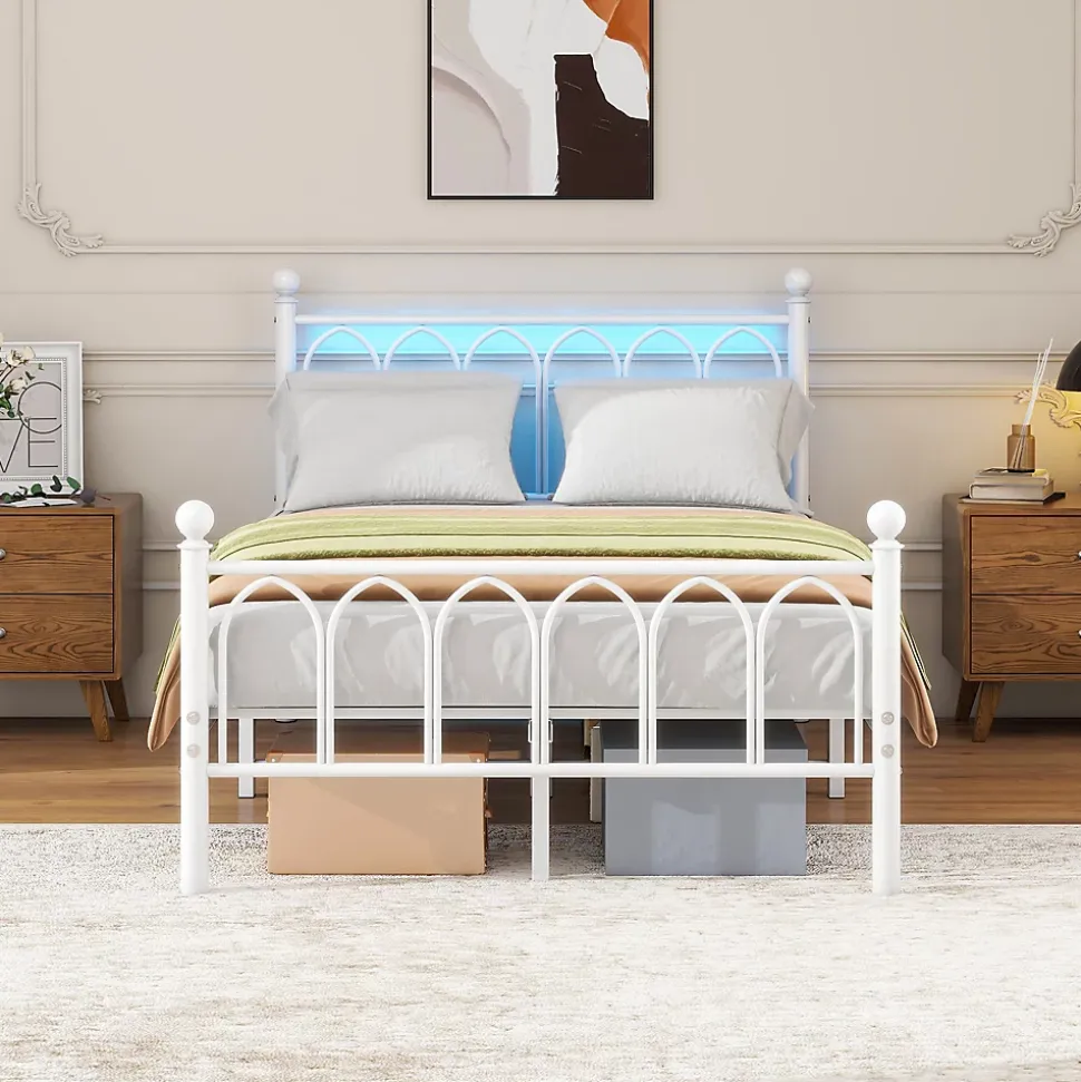 Lit Simple 120x200 cm - Lit Métal Ado Vintage avec LED et Ports USB, Barres Acier Renforcées, Sans Matelas - Métal Blanc