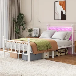 Lit Simple 120x200 cm - Lit Métal Ado Vintage avec LED et Ports USB, Barres Acier Renforcées, Sans Matelas - Métal Blanc