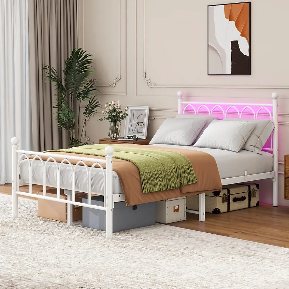 Lit Simple 120x200 cm - Lit Métal Ado Vintage avec LED et Ports USB, Barres Acier Renforcées, Sans Matelas - Métal Blanc