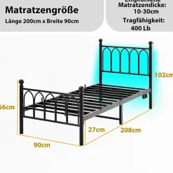 Lit Simple 90x200 cm - Lit Métal Ado avec Éclairage LED et Ports USB, Barres Acier Renforcées, Sans Matelas - Métal Noir