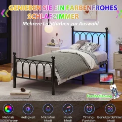 Lit Simple 90x200 cm - Lit Métal Ado avec Éclairage LED et Ports USB, Barres Acier Renforcées, Sans Matelas - Métal Noir