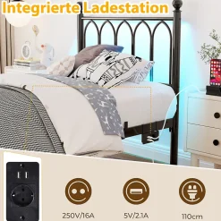 Lit Simple 90x200 cm - Lit Métal Ado avec Éclairage LED et Ports USB, Barres Acier Renforcées, Sans Matelas - Métal Noir