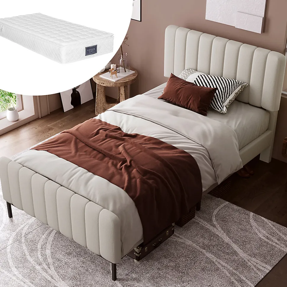 Lit simple 90x200 cm - Lit rembourré avec tête de lit capitonnée - Lin - Matelas Inclus - Gris-Beige