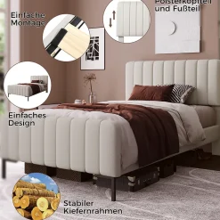 Lit simple 90x200 cm - Lit rembourré avec tête de lit capitonnée - Lin - Matelas Inclus - Gris-Beige