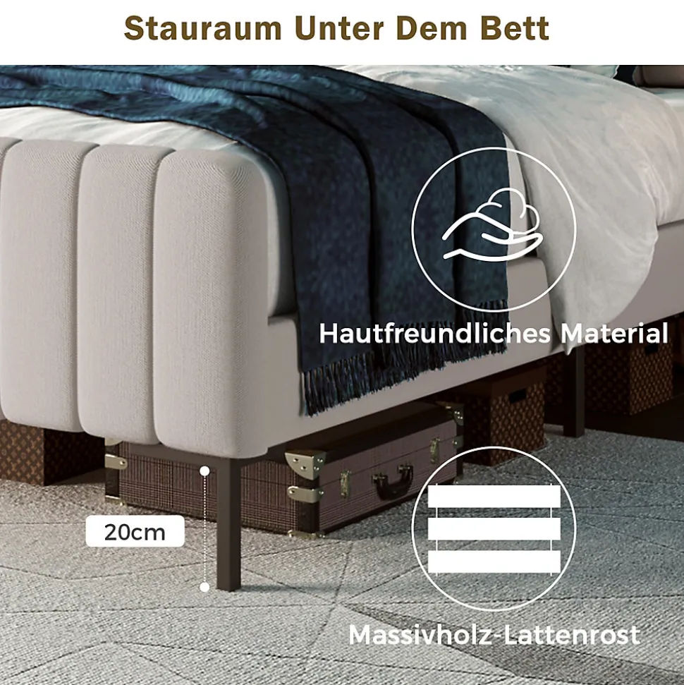 Lit simple 90x200 cm - Lit rembourré avec tête de lit capitonnée - Lin - Matelas Inclus - Gris-Beige