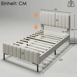 Lit simple 90x200 cm - Lit rembourré avec tête de lit capitonnée - Lin - Matelas Inclus - Gris-Beige