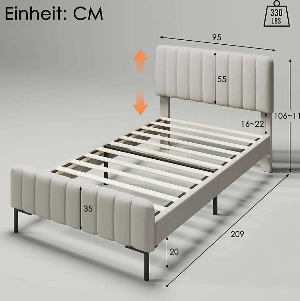 Lit simple 90x200 cm - Lit rembourré avec tête de lit capitonnée - Lin - Matelas Inclus - Gris-Beige