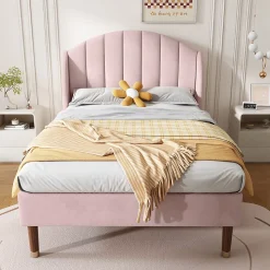 Lit Simple 90x200 cm - Lit Rembourré ado - Velours - Sans Matelas - Rose