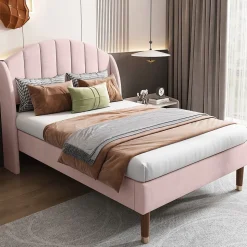 Lit Simple 90x200 cm - Lit Rembourré ado - Velours - Sans Matelas - Rose